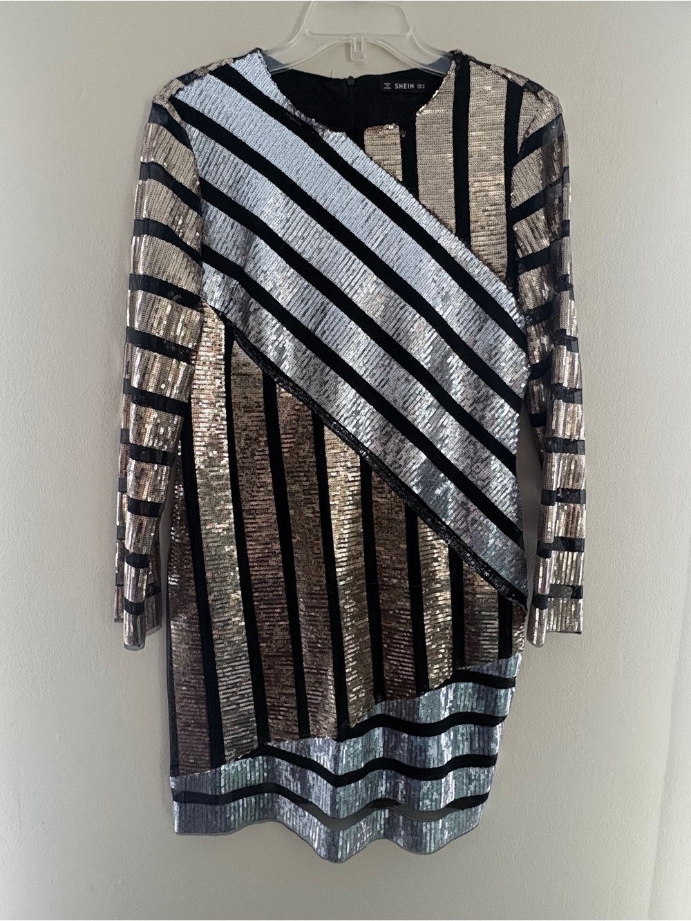 SHEIN Silver & Gold Sequin Striped Long Sleeve Mini Dress